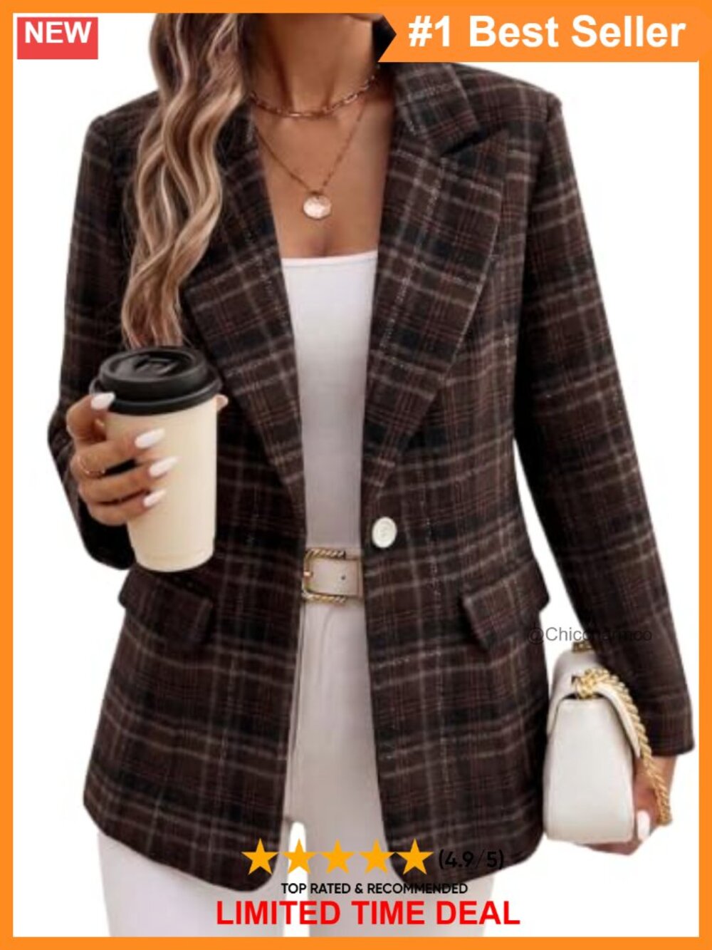 Plaid Blazer Jacket Business Casual Peak Lapel Single Button Slim Fit